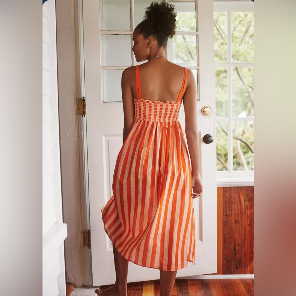 Anthropologie Midi Dress Size XL Smocked Blush Orange Stripe Spaghetti Strap - Picture 3 of 15